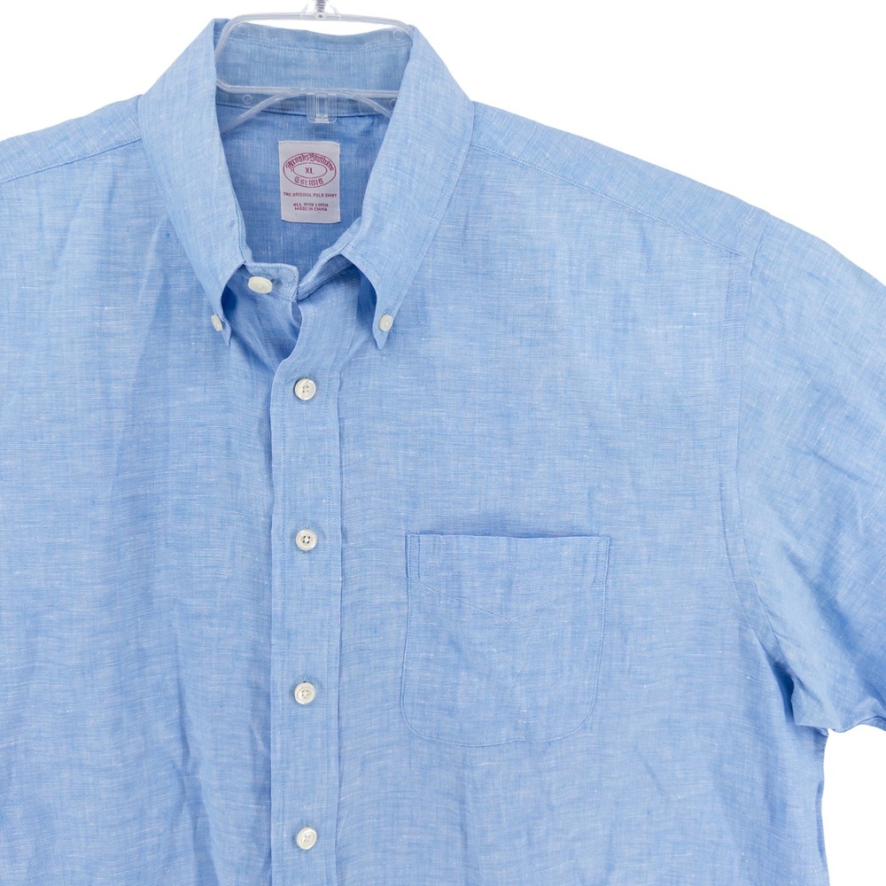 Brooks Brothers Mens XL Irish Linen Short Sleeve Button Up Light Blue Coastal
